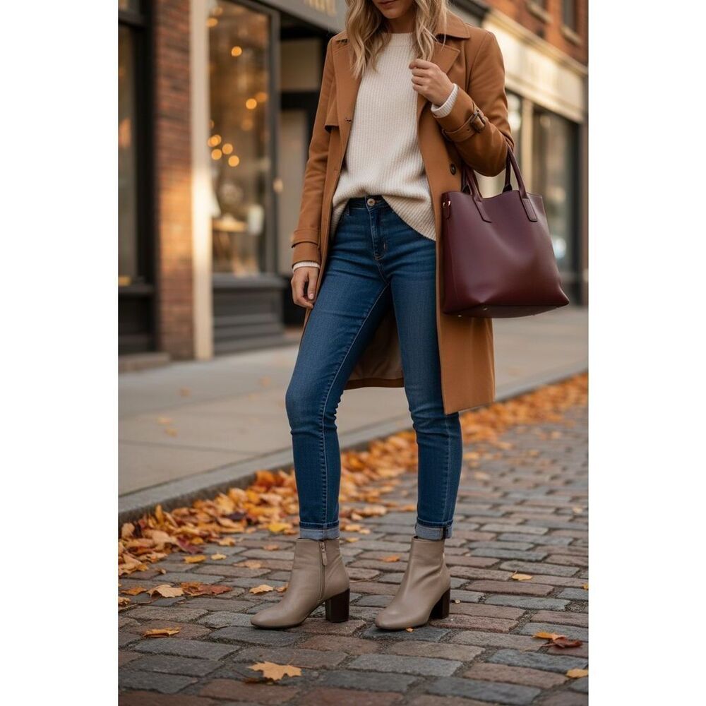 Tory Burch Taupe Leather Ankle Booties Side Zip Stacked Heel Size 6